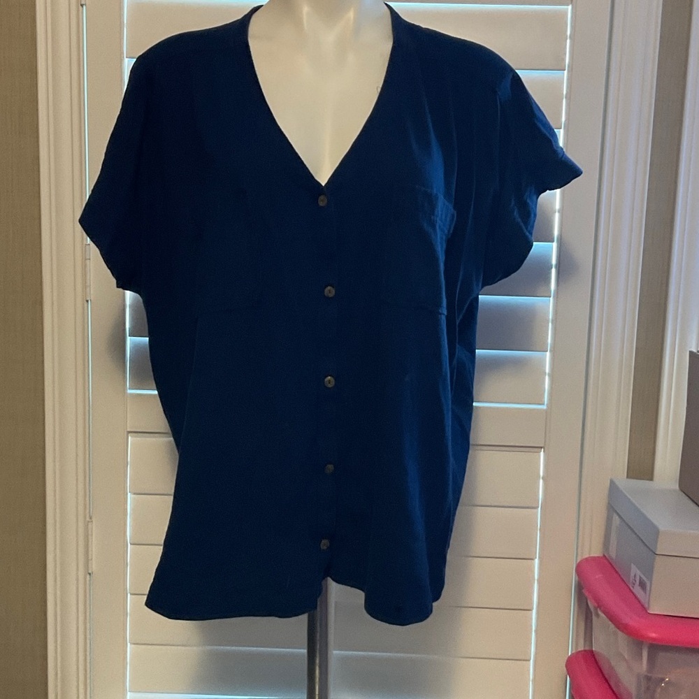 St. John's Bay Navy Blue Button-Down V-Neck Blouse